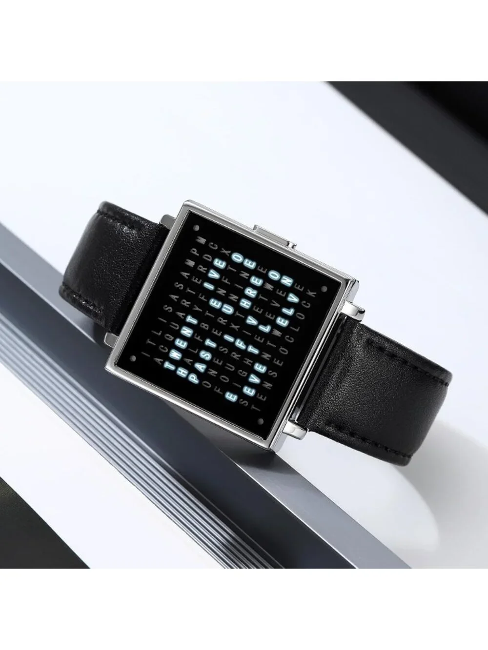 Men's Black Analog Leather Strap Multifunctional Waterproof Square Wrist Watch